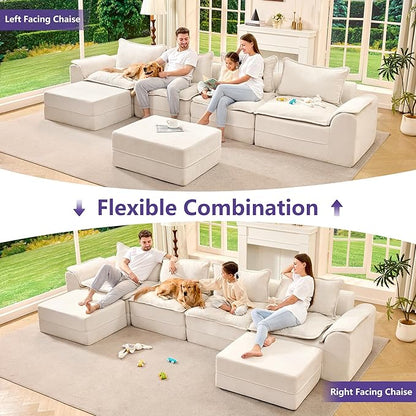 Hobestluk 152" Cloud Modular Sectional Couch 4-Seater Sofa with Ottomans U Shaped Couch Deep Seat Sofa with Removable Cover for Living Room (Beige, 4-Seater Sofa with Two Ottomans)