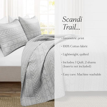 Lush Decor Hygge Geo Pattern Striped 3 Piece Quilt Bedding Set, King, Light Gray