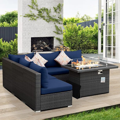 NICESOUL 6 Piece Modern Wicker Patio Furniture Set with Firepit Natural Gas/Propane, 29.3'' High-Back Deep Wide Seat Outdoor Conversation for Backyard, Oversized Sofa Couch, 2 Color Cushion Navy&Gray