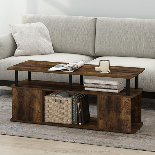 Furinno Jaya Coffee Table, Rectangle Modern Coffee Table with Open Shelf, Side Table with Side Storage, for Living Room, Bedroom, Home Office, Amber Pine