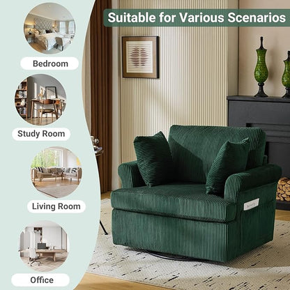 Karl home Swivel Accent Chair Set of 2, 39" Oversized Armchair W/2 Pillows and 4 Pockets,Modern Corduroy Barrel Chairs,Comfy Single Sofa for Living Room,Reading,Bedroom and Office-Dark Green