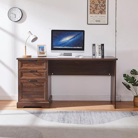 60" Farmhouse Executive Desk with Charging Station,Home Office Desk with 2 Drawers &1 File Cabinet,Fluted Computer Desk for Office and Home (Walnut)