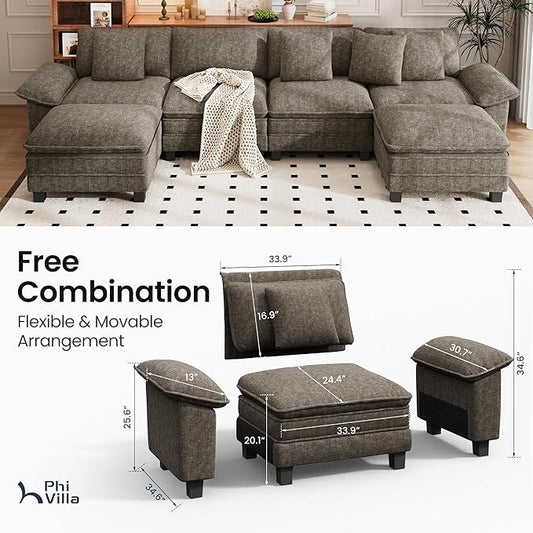 PHI VILLA Cloud Modular Couch Sets, 157.5" Sectional Sofa with U-Shaped Chaise, 6-Seater Couches with Movable Ottomans for Living Room, Chenille Fabric, Smoky Grey