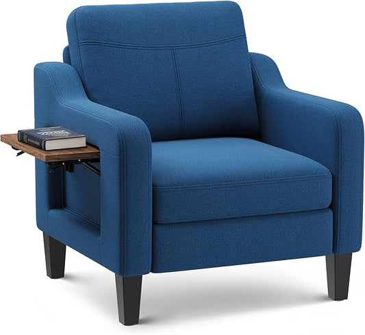 Accent Chair for Living Room Modern Linen Upholstered Armchair Side Wooden Fabric Sofa Chair with Foldable Table 2 Side Pockets Comfy Reading Chair for Bedroom
