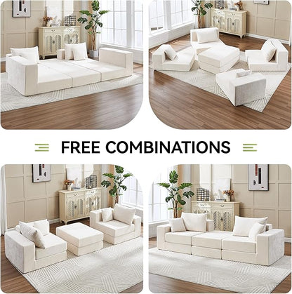 79" Boneless Loveseat Sofa Couch, Modular Foldable Floor Cloud Sofa with Ottoman, Lounge Convertible Sofa Bed for Living Room, No Assembly, Chenille Beige