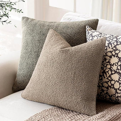 Foindtower Pack of 2 Textured Boucle Throw Pillow Covers Accent Solid Pillow Cases Cozy Soft Decorative Couch Cushion Case for Chair Sofa Bedroom Living Room Home Decor 18x18 Inch Light Khaki Tan