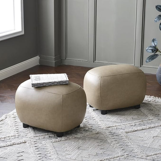 KINWELL 23" Wide Faux Leather Upholstered Ottoman Set of 2, Mid-Century Modern Living Room Footrest with Soft Padded Seat, Footstool for Bedroom, Entryway or Living Room, Khaki