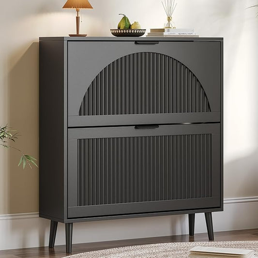 Shoe Cabinet for Entryway with 2 Flip Drawers, Slim Wooden Shoe Storage Organizer with Modern Fluted Pannel，Freestanding Narrow Hidden Shoe Rack for Hallway, Foyer, Living Room