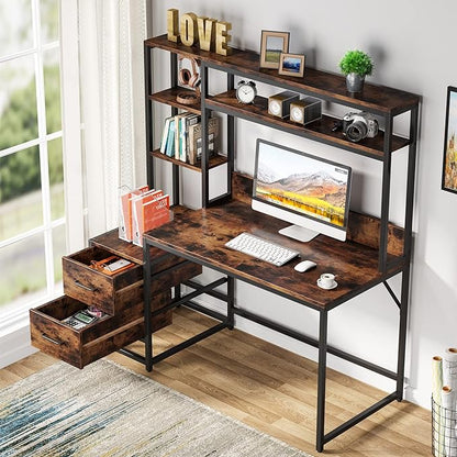 Tribesigns 55 Inch Computer Desk with 2 Drawers and Storage Shelves, Rustic Office Desk with Hutch, Study Writing Gaming Table Laptop Workstation for Home Office (Brown)