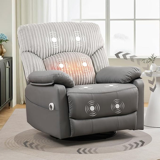 Power Swivel Rocker Recliner Chair with Massage and Heat for Adults, Electric Infinite Position Recliner with USB Charging Port, Corduroy and PU Leather Mixed Fabric, Easy Assembly (Grey)