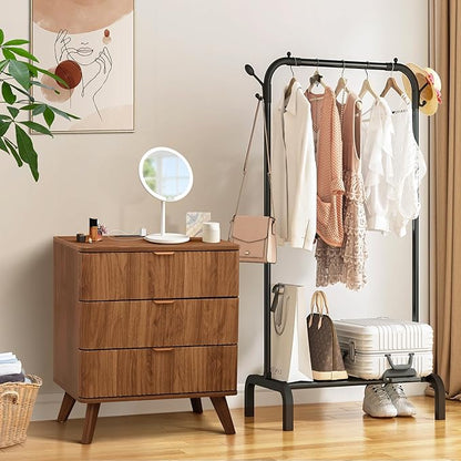 Fluted 3 Drawer Small Dresser for Bedroom, Mid Century Modern Nightstand with Charging Table Top, Low Bedside Table for Closet Cloth, End Table Short Storage, Living Room, Dorm -Walnut