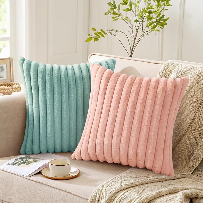 Pallene Faux Fur Plush Throw Pillow Covers 20x20 Set of 2, Luxury Soft Fluffy Striped Decorative Pillow Covers for Sofa, Couch, Living Room, Aqua