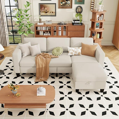 ZeeFu Sectional and Sofa Couches for Living Room - 78'' 3 Seater L-Shaped Modular Couch with Storage Ottoman - Modern Linen Fabric Upholstered Sofa Set for Small Space Apartment Office