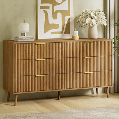 LYNSOM Fluted Dresser and Nightstand Sets 4 Piece, 1-Drawer Nightstands and 5/6 Drawers Dresser, Wood Bedroom Furniture Set for Home, Bedroom, Hallway, Natural Oak
