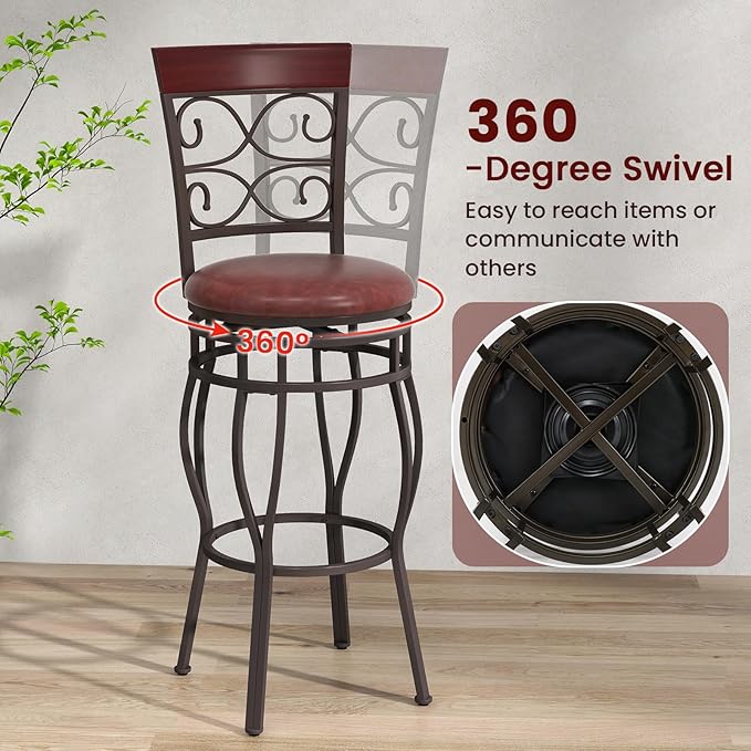 Giantex 30" Swivel Bar Stools Set of 4, Bar Height Bar Stools w/Back, Upholstered PU Leather Seat, Footrest, Max Load 330Lbs, Vintage Metal Barstools for Kitchen Island, Dining Room, Rustic Brown