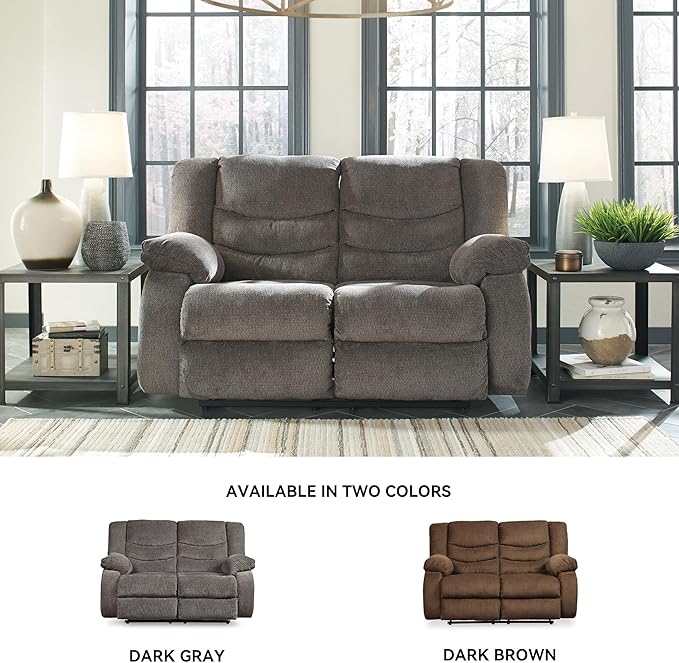 Signature Design by Ashley Tulen Modern Manual Pull Tab Reclining Loveseat, Dark Gray