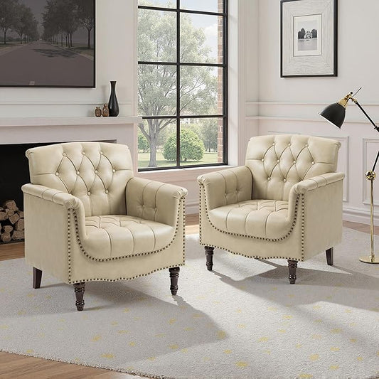 Faux Leather Accent Chair, PU Leather Modern Comfy Upholstered Armchair with Wood Legs & Nailhead Trim for Living Room, Bedroom (Beige,Set of 2)