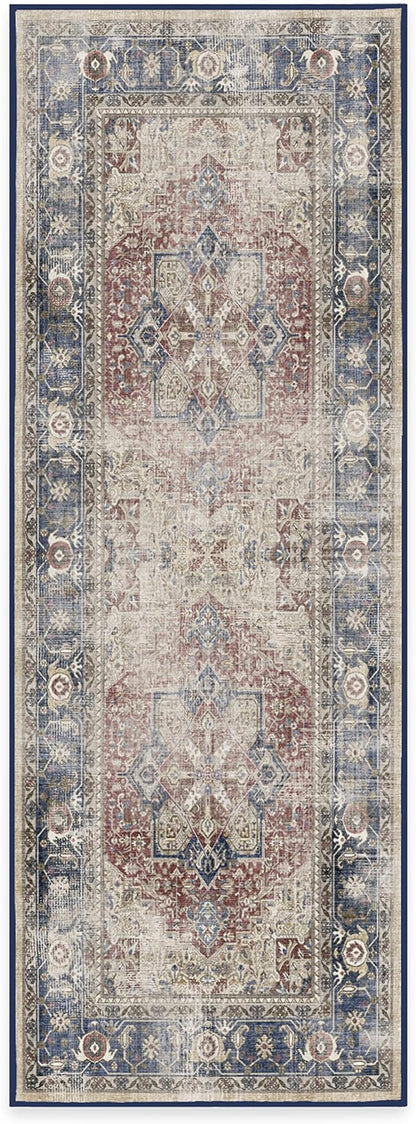 RUGGABLE Washable Vintage Runner Rug – Kamran Royal Blue 2.5x7, Stain-Resistant, Non-Slip Hallway Runner – Machine Washable Rug for Hallway, Entryway, Living Room & Kitchen–with Cushioned Pad