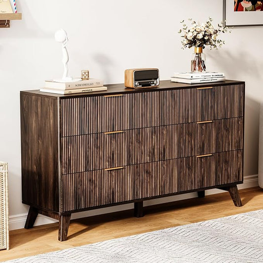 6 Drawer Dresser, 53.43 Inch Fluted Wood Double Dresser Curved Design Wide Storage Organizer Cabinet Mid Century Modern Chest Dressers for Bedroom Living Room Entryway(Walnut)
