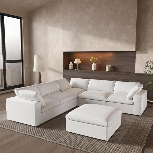 Cloud Couch Modular Sectional Sofa with Storage Ottomans,160.6" Down Filled 6 Seater Convertible Sectional Sofas,V Shaped White Couch for Living Room,Covers Washable&Replaceable
