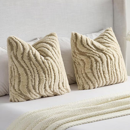 FUTEI Beige Decorative Throw Pillow Covers 16x16 Inch Set of 2,Soft Faux Fur Geometric Shapes Texture Cushion Case,Boho Home Decor for Couch Bed Living Room