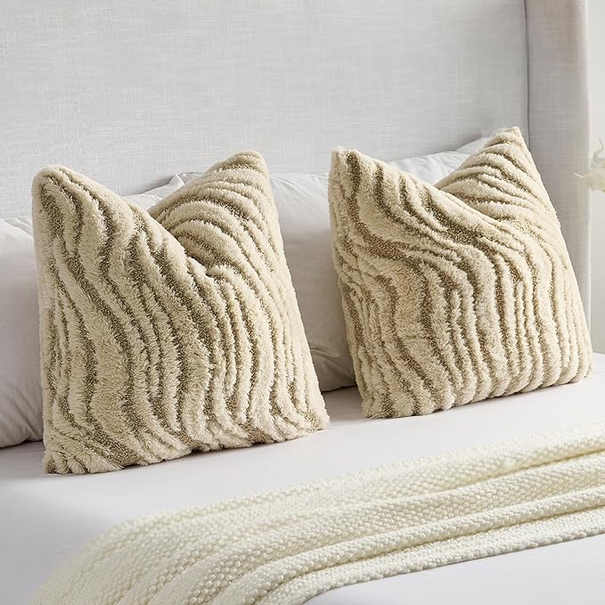 FUTEI Beige Decorative Throw Pillow Covers 12x20 Inch Set of 2,Soft Faux Fur Geometric Shapes Texture Pillowcase,Boho Home Decor for Couch Bed Living Room