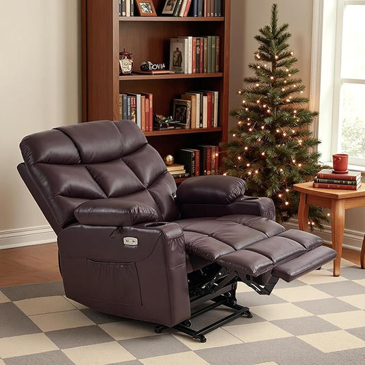 MCombo Oversized Power Lift Recliner Chair with Extended Footrest for Elderly People, Faux Leather R7289 (Dark Brown, Oversize)