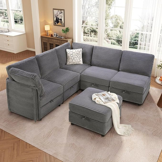 KKL Modular Sectional Sofa V-Shaped 6 Seater Couch with Storage Ottoman, Convertible L/J-Shaped Couch and Sofa Bed Plush Wide-Wale Corduroy for Living Room, Apartment, Modern Design, Gray