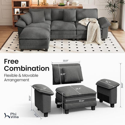 PHI VILLA Cloud Modular Couch Sets, 123.6" Sectional Sofa with L-Shaped Chaise, 4-Seater Upholstered Couches with Movable Ottoman for Living Room, Corduroy Fabric, Grey