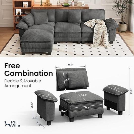PHI VILLA Cloud Modular Couch Sets, 123.6" Sectional Sofa with L-Shaped Chaise, 4-Seater Upholstered Couches with Movable Ottoman for Living Room, Corduroy Fabric, Grey