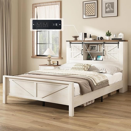 AMERLIFE Farmhouse Full Bed Frame, Rustic Wood Platform Bed Barn Door Storage Bookcase Headboard & Charging Station, Bedroom Furniture, No Box Spring Needed, Antique White