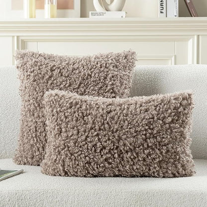 FUTEI Khaki Decorative Throw Pillow Covers 22x22 Inch Set of 2,Soft Fluffy Faux Wool Fur Boucle Textured Cushion Case,Modern Home Decor for Couch Bed Living Room Office