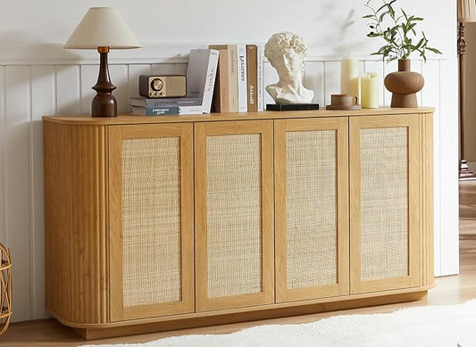 LKTART 64" Sideboard Buffet Cabinet with Storage, Wooden Fluted Storage Cabinet Sideboard with Adjustable Shelves Pressed Spring Rattan Doors for Kitchen Living Room (Natural)