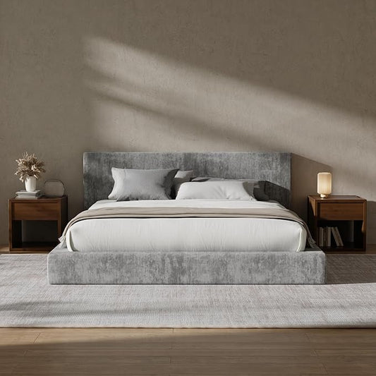 RECCI Cloud Upholstered Queen Bed Frame with Headboard, 5 Inch Foam Padded Platform, No Box Spring, Easy Assembly (Moon)