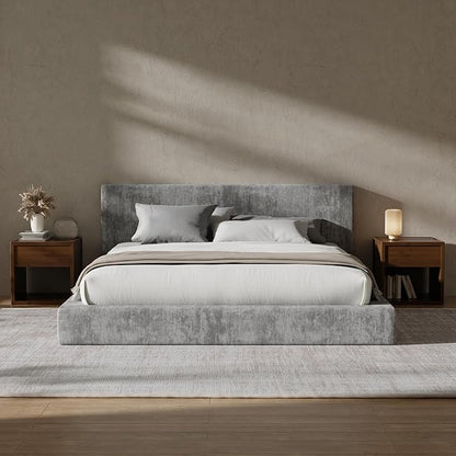 RECCI Cloud Upholstered King Bed Frame with Headboard, 5 Inch Foam Padded Platform, No Box Spring, Easy Assembly (Moon)