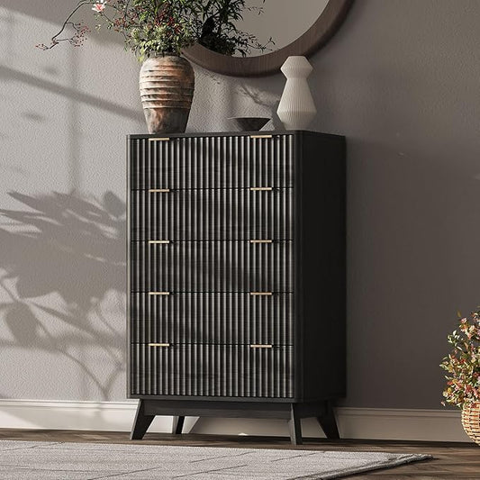 43'' Hight 5 Drawers Dresser for Bedroom,Modern Fluted Vertical Chest with Rounded Corners,Fluted Dresser for Living Room,Hallway, Black
