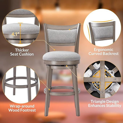 PrimeZone Swivel Bar Stools Set of 4, 26 Inch Counter Height Barstools, High Back Bar Stool with Solid Wood Legs & Wrap-Around Footrest, Counter Stools for Kitchen Island, Pub, Grey