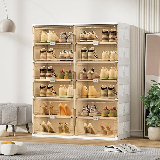 JEKO&JEKO 6 Tiers Foldable Shoe Rack Organizer Cabinet for Closet Entryway, Large Collapsible Shoe Storage Box with Magnetic Doors Fits Up to 24 Pairs (White)