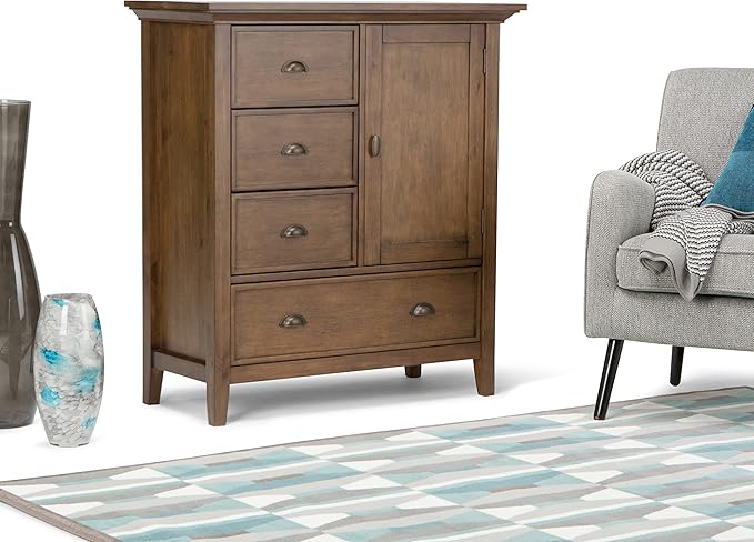 SIMPLIHOME Redmond SOLID WOOD 39 inch Wide Transitional Medium Storage Cabinet in Rustic Natural Aged Brown with 3 Small Drawers, 1 Large Drawer