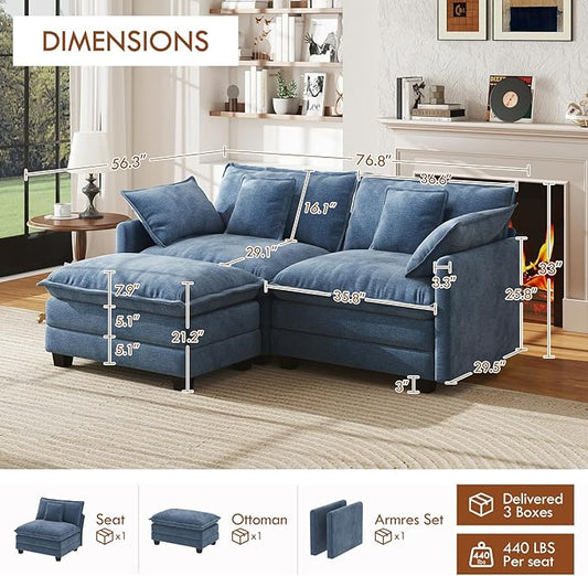 WorthFurni 77 Inch L Shape Cloud Sofa, Modular Sectional Couch with Ottoman, Comfy Chenille Deep Seat Loveseat with Pillow for Living Room Bedroom Apartment (Blue)