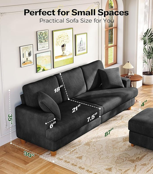 87in Corduroy Couch, Kidirect Sofa No Tool Assembly, Comfy Couches for Living Room 21in Deeper Seats, Corduroy Sofas for Living Room with 2 Pillows, Oversized Loveseat Sofa, Boho Love Seat Black Couch