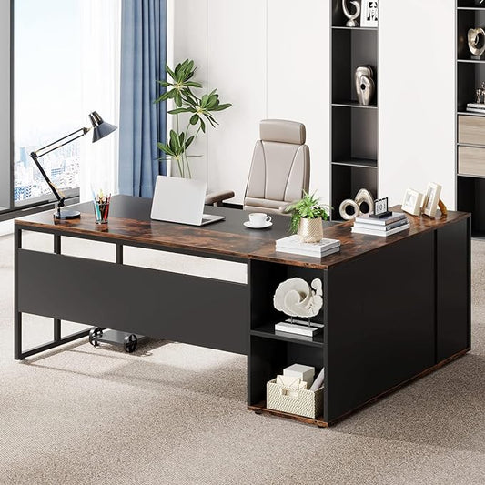 Tribesigns 71 inch Executive Desk, L Shaped Desk with Cabinet Storage, Executive Office Desk with Shelves, Business Furniture Workstation for Home Office, Brown and Black