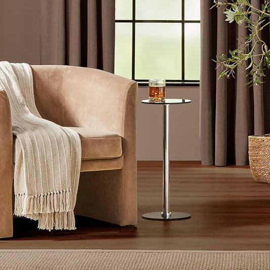 mDesign Glass Top Side/End Drink Table - Tall Modern Round Accent Metal Nightstand Furniture for Living Room, Dorm, Home Office, and Bedroom - 9" Round - Dark Smoke Gray/Chrome