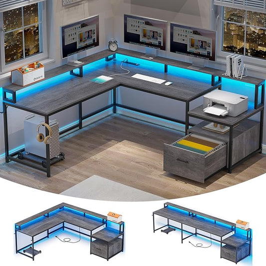 SEDETA L Shaped Desk, 66" Home Office Desk with Wood File Drawer & Power Outlet, Gaming Desk with Led Lights, Corner Computer Desk with Monitor Shelf, Printer Storage Shelves, Two Person Desk, Grey