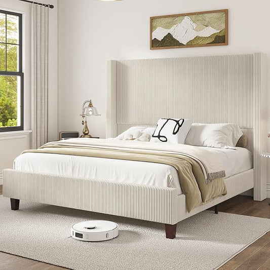 HOWE Queen Size 61" Corduroy Upholstered Bed Frame, Platform Bed with Vertical Stripe Wingback Headboard, No Box Spring Needed/Noise Free/Solid Wood Slats & Legs/Cream
