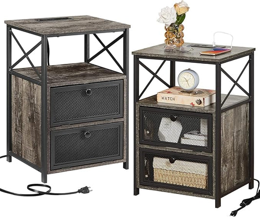 VECELO Misty Gray End Table with USB Ports and Outlets,24 Inch Nightstands with Charging Station and Storage Shelf for Bedroom,Living Room, 2 Set