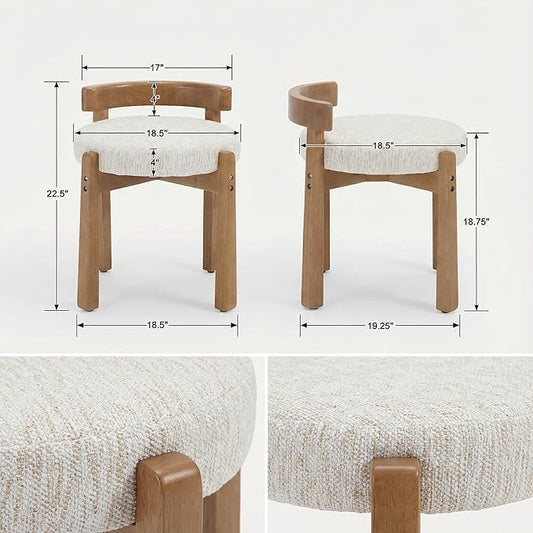 HNY Modern Chenille Vanity Chairs & Ottoman: Upholstered Round Seat with Solid Wood Legs, for Makeup Dressing, Living Room Footrest or Piano Bench, Beige