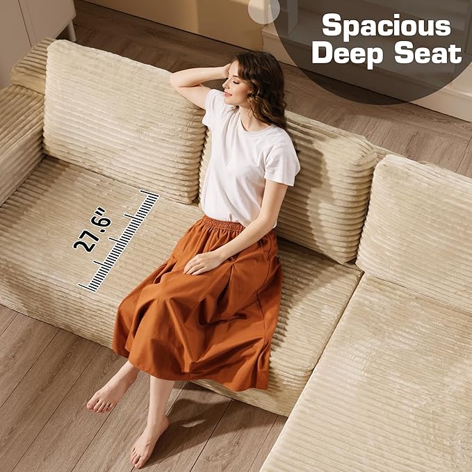 Weaxty Cloud Sectional Couch for Living Room, Oversized L Shaped Boneless Couches, Plush Corduroy Memory Foam Deep Seat Floor Sofa, No Assembly Required，Beige