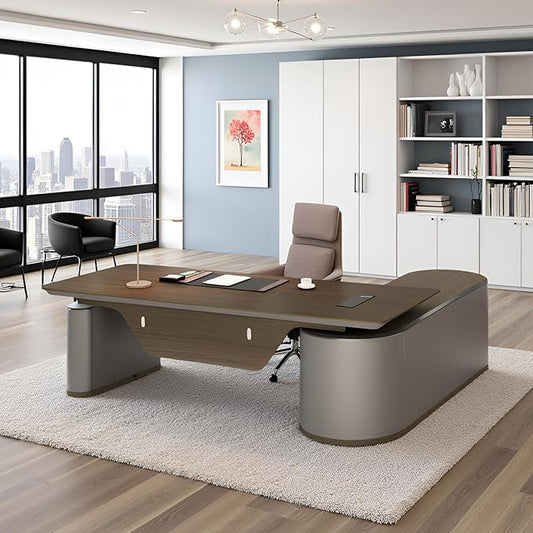 86.6" Reversible L-Shaped Adjustable Height Executive Desk with Oval Storage Cabinet - Black/Brown Standing Desk, Rounded Corners, 3 Drawers & 2 Door Compartments, Flexible Home & Office Workstation