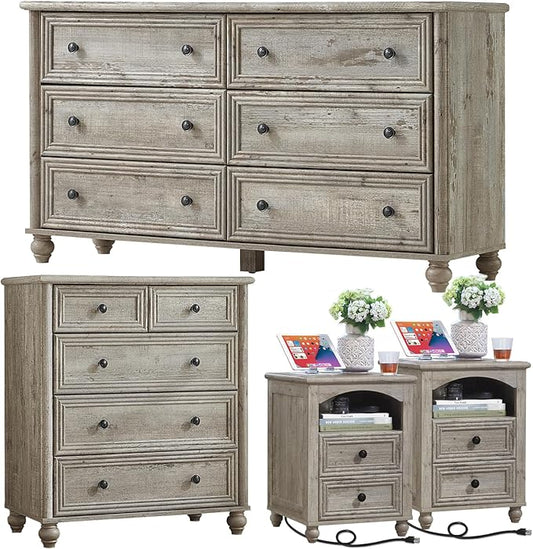 Farmhouse Dressers & Night Stand Set of 4, Wood 54" Wide Dresser & 35" Tall Chest of Drawers, 18" with Charging Station Nightstand Set of 2, Bedroom Furniture Dresser Set for Home Living Room Hallway